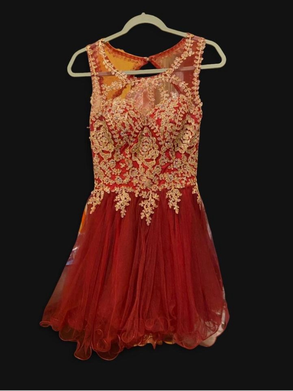 Short Puffy Burgundy Homecoming Dress with Gold Floral Embroidery & Rhinestones